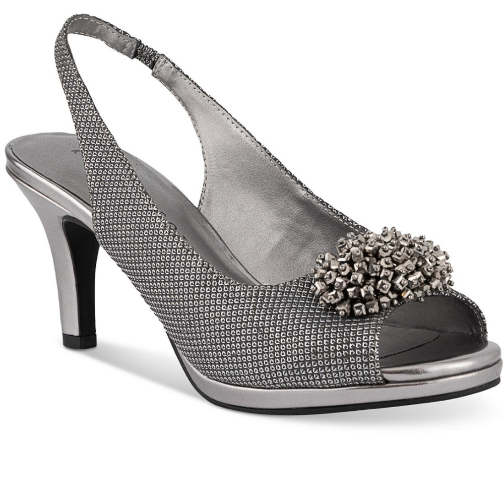 Pewter Silver Slingback Heels with Crystal Embellishment